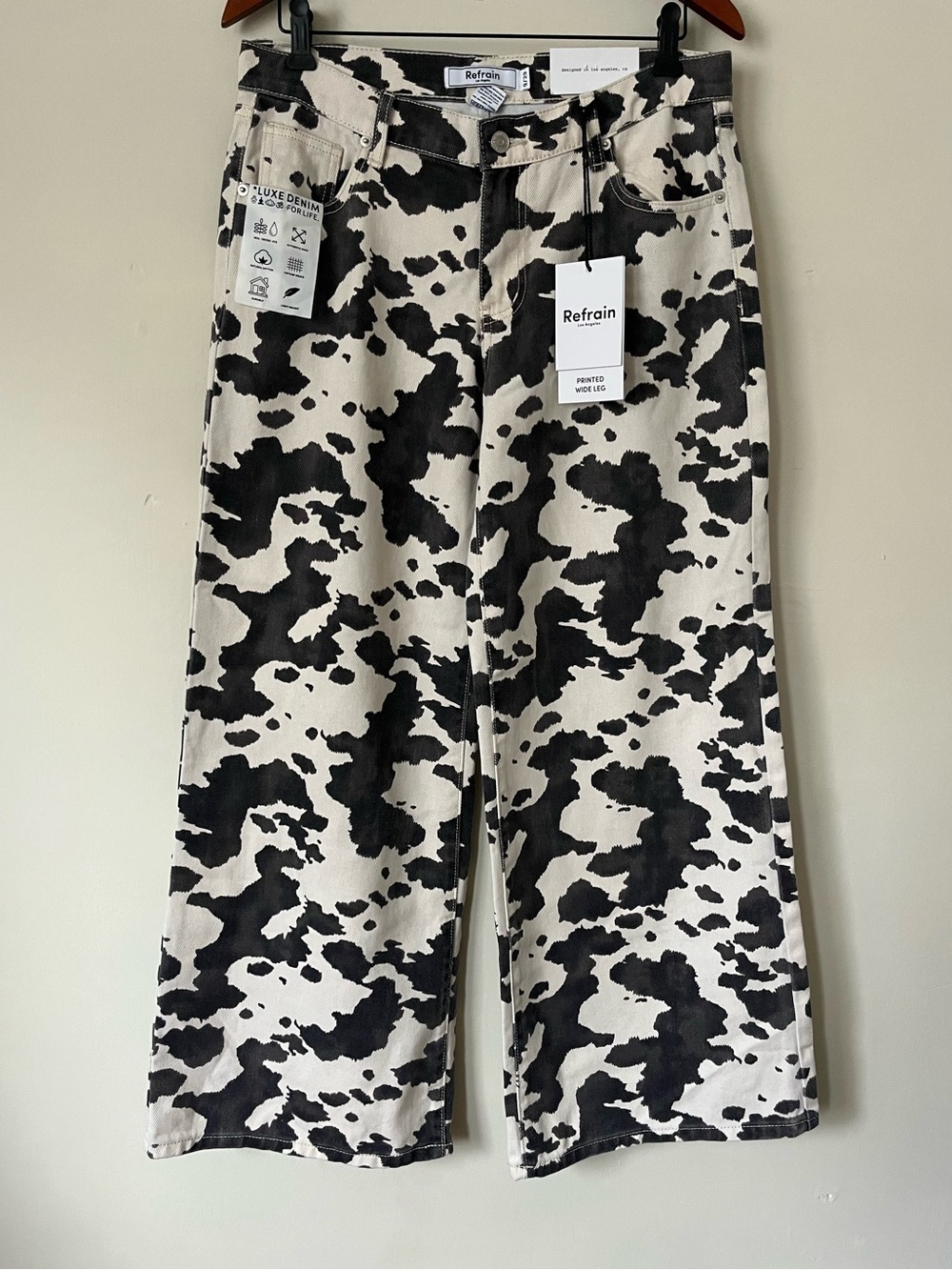 Refrain Luxe Cow print Denim Black and White Patterned Jeans wide leg 9/29